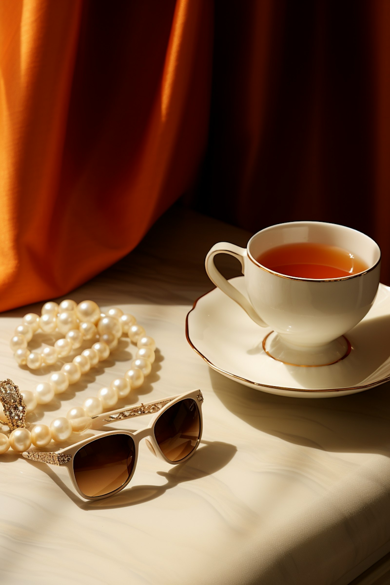 Elegance in Repose_ Pearls, Tea, and Sunglasses Still Life